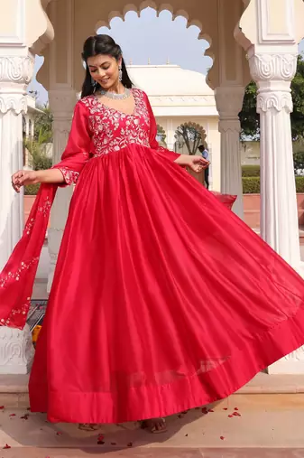 Pink glamorous rangoli silk fabric sequence embroidery work heavy ceremonial attire