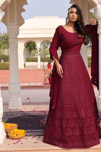 Purple glamorous georgette fabric sequence embroidery work heavy ceremonial attire