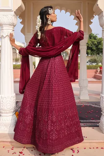 Purple glamorous georgette fabric sequence embroidery work heavy ceremonial attire
