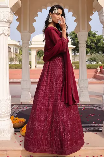 Purple glamorous georgette fabric sequence embroidery work heavy ceremonial attire