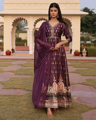 Purple glamorous satin silk fabric foil printed,embroidery work heavy ceremonial attire 1