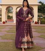 Purple glamorous satin silk fabric foil printed,embroidery work heavy ceremonial attire