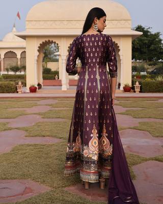 Purple glamorous satin silk fabric foil printed,embroidery work heavy ceremonial attire 3