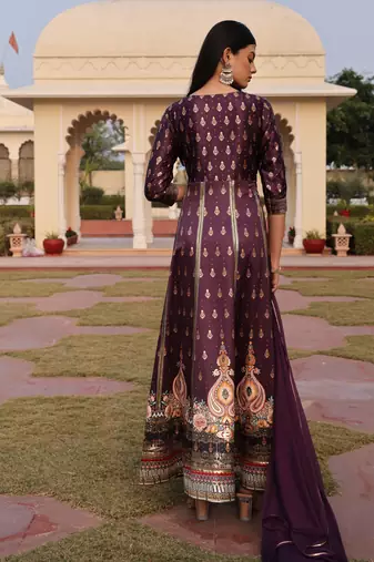 Purple glamorous satin silk fabric foil printed,embroidery work heavy ceremonial attire