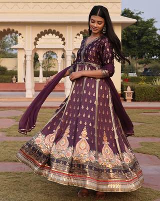 Purple glamorous satin silk fabric foil printed,embroidery work heavy ceremonial attire 4