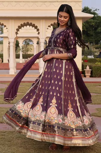 Purple glamorous satin silk fabric foil printed,embroidery work heavy ceremonial attire