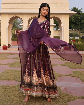 Purple glamorous satin silk fabric foil printed,embroidery work heavy ceremonial attire 5