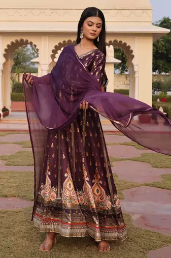 Purple glamorous satin silk fabric foil printed,embroidery work heavy ceremonial attire