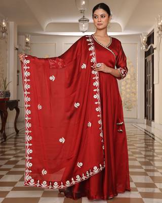 Maroon glamorous rangoli silk fabric ribbon embroidery work heavy ceremonial attire 1