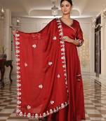 Maroon glamorous rangoli silk fabric ribbon embroidery work heavy ceremonial attire