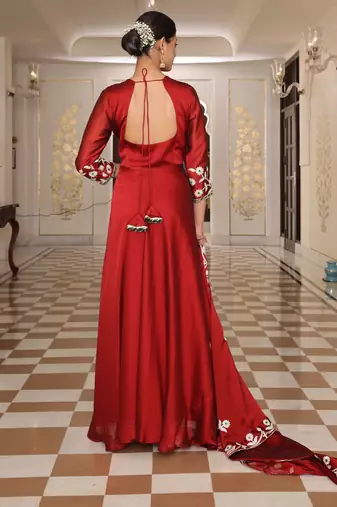 Maroon glamorous rangoli silk fabric ribbon embroidery work heavy ceremonial attire