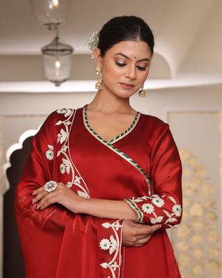 Maroon glamorous rangoli silk fabric ribbon embroidery work heavy ceremonial attire 4