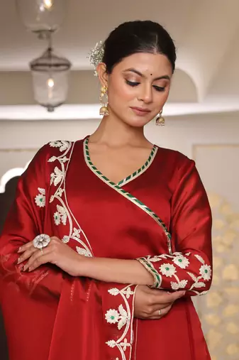 Maroon glamorous rangoli silk fabric ribbon embroidery work heavy ceremonial attire