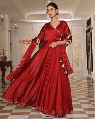 Maroon glamorous rangoli silk fabric ribbon embroidery work heavy ceremonial attire 5