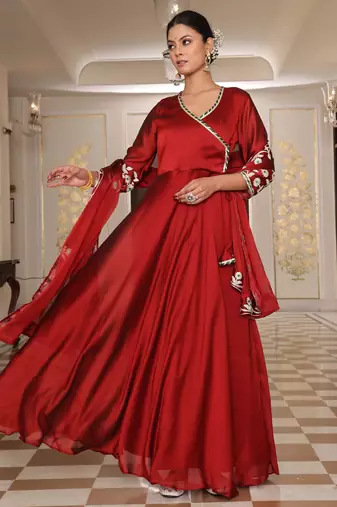 Maroon glamorous rangoli silk fabric ribbon embroidery work heavy ceremonial attire