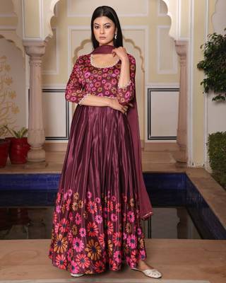 Coffee glamorous chinon fabric printed heavy ceremonial attire 1