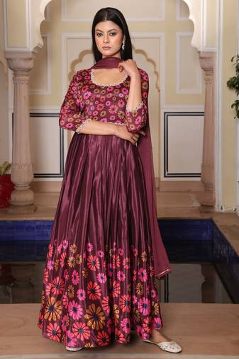 Coffee glamorous chinon fabric designer printed heavy ceremonial attire