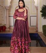 Coffee glamorous chinon fabric designer printed heavy ceremonial attire