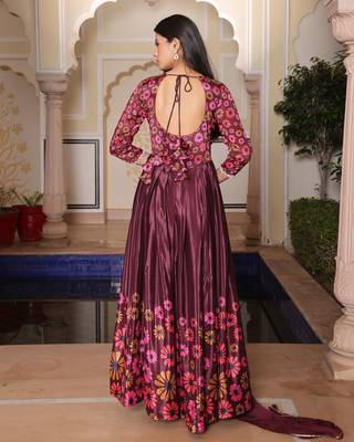 Coffee glamorous chinon fabric printed heavy ceremonial attire 3