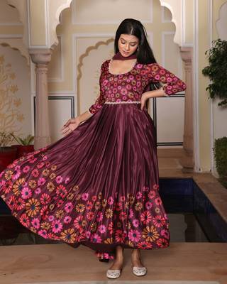 Coffee glamorous chinon fabric printed heavy ceremonial attire 4