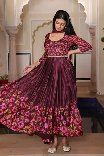 Coffee glamorous chinon fabric printed heavy ceremonial attire
