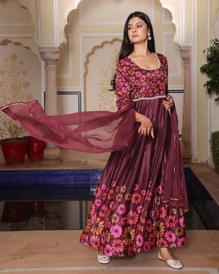 Coffee glamorous chinon fabric printed heavy ceremonial attire 5