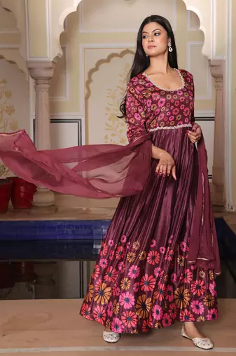 Coffee glamorous chinon fabric printed heavy ceremonial attire