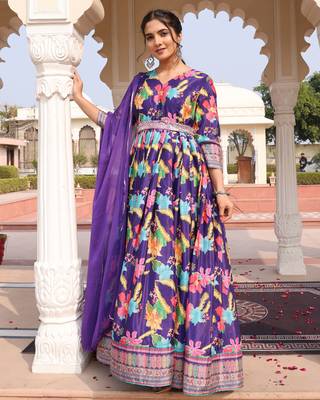 Purple glamorous chinon fabric printed heavy ceremonial attire 1
