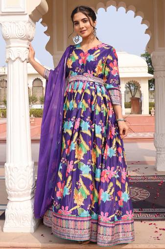 Purple glamorous chinon fabric designer printed heavy ceremonial attire