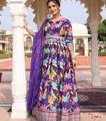 Purple glamorous chinon fabric designer printed heavy ceremonial attire