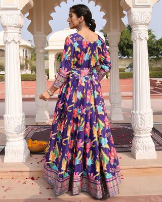 Purple glamorous chinon fabric printed heavy ceremonial attire 3