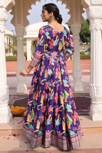 Purple glamorous chinon fabric printed heavy ceremonial attire