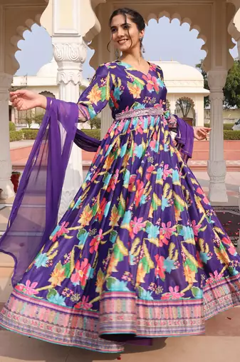 Purple glamorous chinon fabric printed heavy ceremonial attire