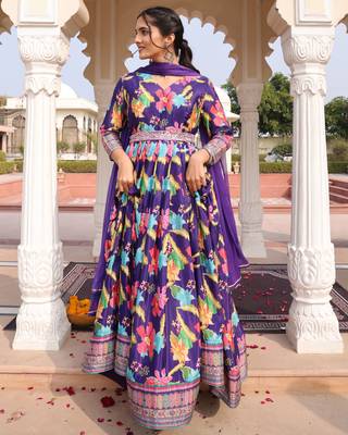 Purple glamorous chinon fabric printed heavy ceremonial attire 5