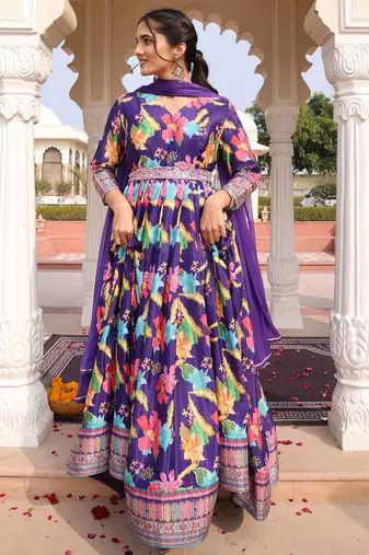 Purple glamorous chinon fabric printed heavy ceremonial attire