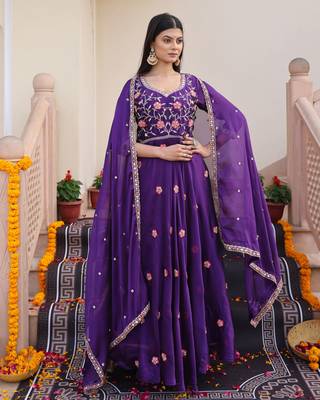 Purple glamorous rangoli silk fabric beads embroidery work heavy ceremonial attire 1