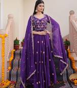 Purple glamorous rangoli silk fabric beads embroidery work heavy ceremonial attire