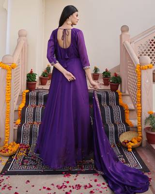 Purple glamorous rangoli silk fabric beads embroidery work heavy ceremonial attire 3