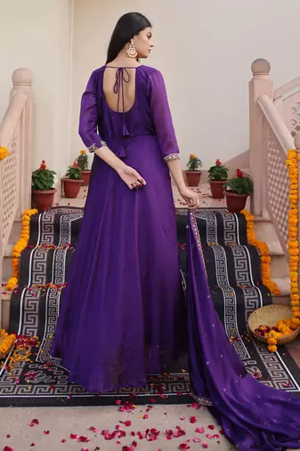 Purple glamorous rangoli silk fabric beads embroidery work heavy ceremonial attire