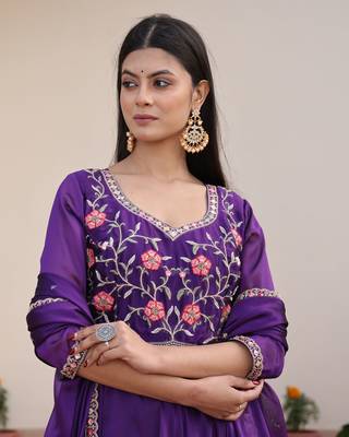 Purple glamorous rangoli silk fabric beads embroidery work heavy ceremonial attire 4