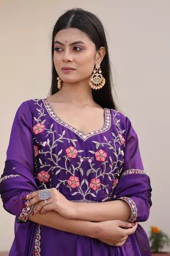 Purple glamorous rangoli silk fabric beads embroidery work heavy ceremonial attire