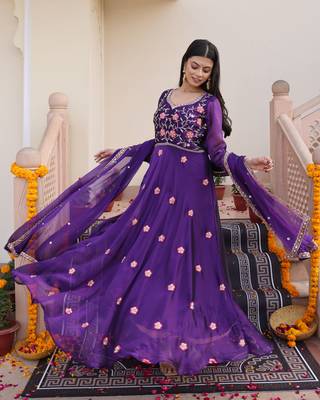 Purple glamorous rangoli silk fabric beads embroidery work heavy ceremonial attire 5
