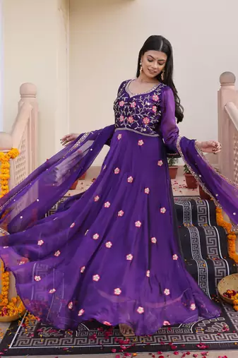 Purple glamorous rangoli silk fabric beads embroidery work heavy ceremonial attire