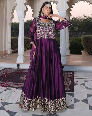Purple glamorous rangoli silk fabric ribbon embroidery work heavy ceremonial attire 1