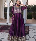 Purple glamorous rangoli silk fabric ribbon embroidery work heavy ceremonial attire