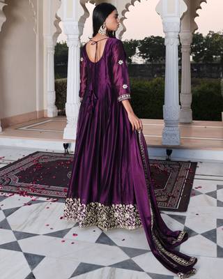 Purple glamorous rangoli silk fabric ribbon embroidery work heavy ceremonial attire 3