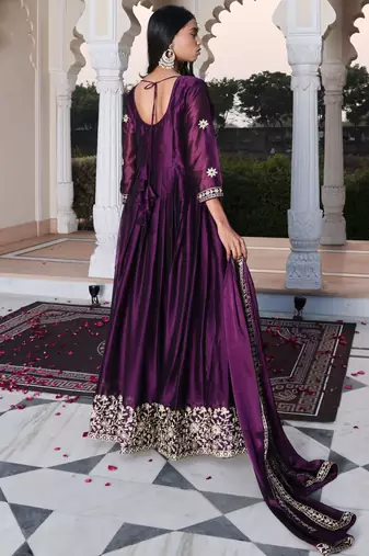 Purple glamorous rangoli silk fabric ribbon embroidery work heavy ceremonial attire