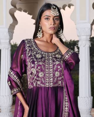Purple glamorous rangoli silk fabric ribbon embroidery work heavy ceremonial attire 4