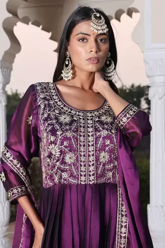 Purple glamorous rangoli silk fabric ribbon embroidery work heavy ceremonial attire