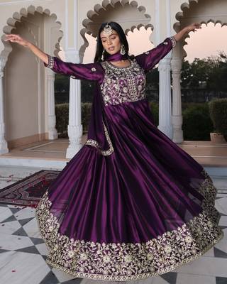 Purple glamorous rangoli silk fabric ribbon embroidery work heavy ceremonial attire 5